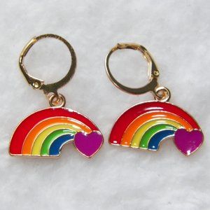 🌈 Gold Rainbow Heart Earrings Huggie Hoops Gay Pride LGB